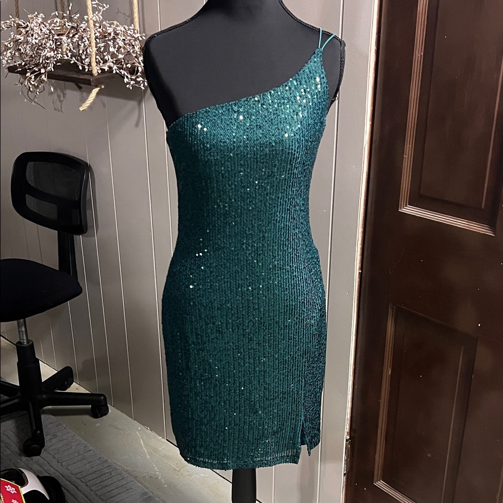 One Shoulder Teal Sequin Dress